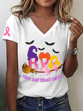 Women's Breast Cancer Awareness Boo Cancer Ribbon Witch Broom Print T-Shirt