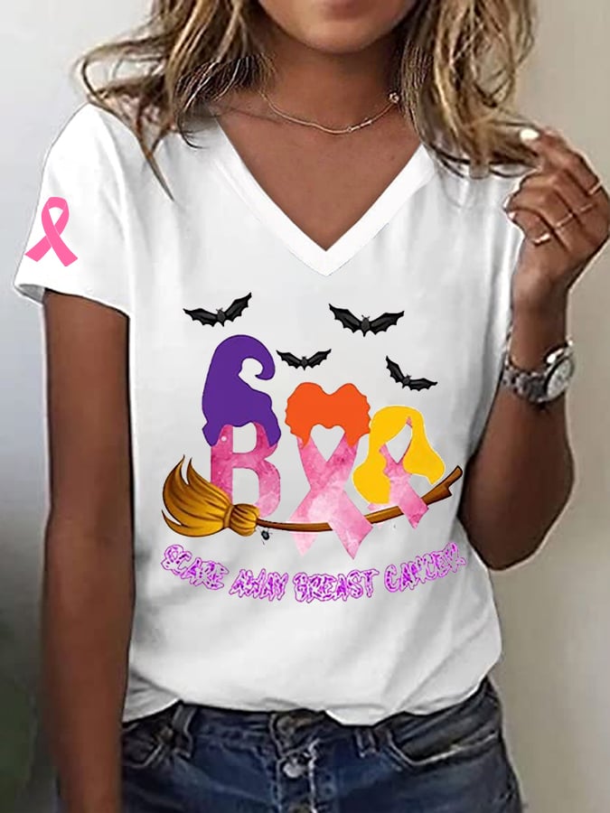 Women's Breast Cancer Awareness Boo Cancer Ribbon Witch Broom Print T-Shirt