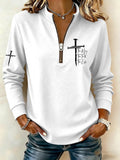Women's Retro Faith Cross Zipper Stand Collar Casual Sweatshirt