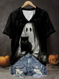 Women's Halloween Spooky Boos Black Cat Print V-Neck T-Shirt