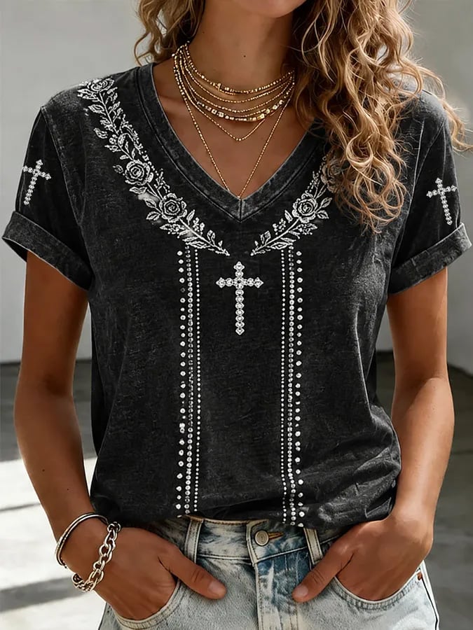 Women's Vintage Faith Cross Print T-Shirt