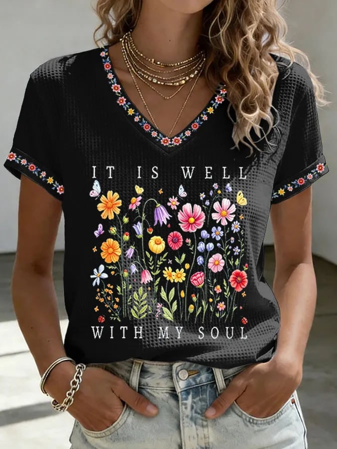 Women's Faith Printed Casual V-neck Waffle T-shirt