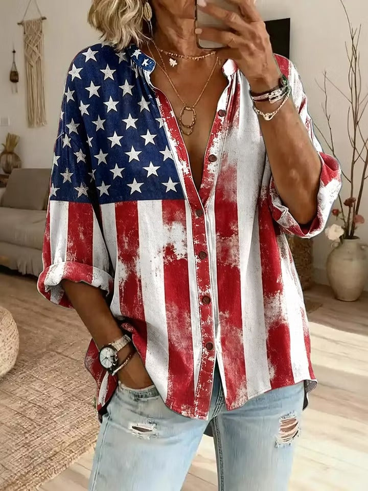 Women's Vintage Star Flag Wave Art Print Tshirt