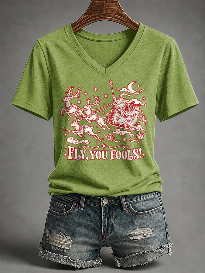 V-Neck Retro Funny Christmas Fly You Fools Reindeer Holiday Season Print T-Shirt
