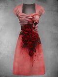 Women's Retro Skull Art Print V Neck Dress