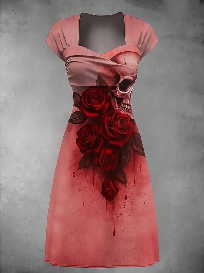 Women's Retro Skull Art Print V Neck Dress