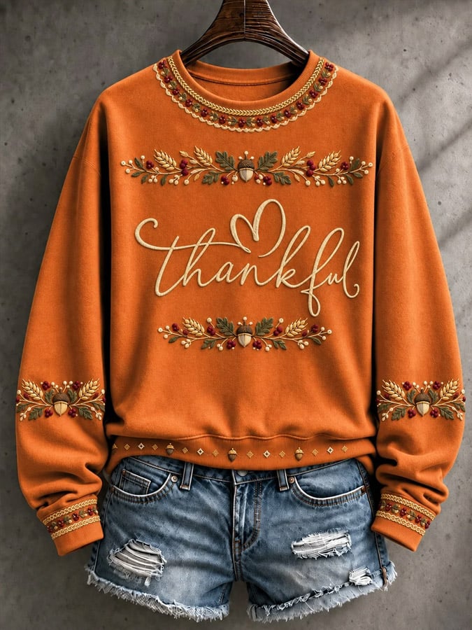 Women's Thanksgiving Art Thankful Printed Sweatshirt