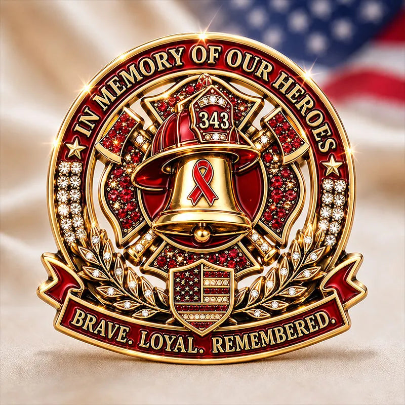 “In Memory of Our Heroes – Brave. Loyal. Remembered.” FDNY 343 Memorial Brooch Pin | Fire Bell Tribute Badge with Ribbon of Honor | 9.11 Commemorative Collectible
