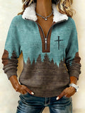 Women's Casual Retro Print Patchwork Fur Collar Long Sleeve Sweatshirt