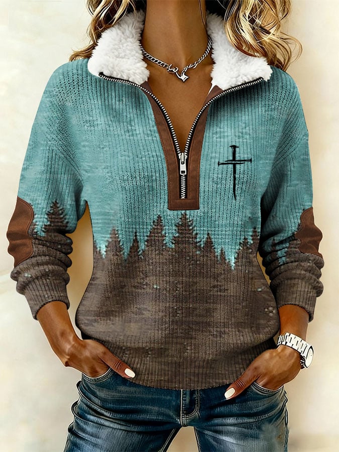 Women's Casual Retro Print Patchwork Fur Collar Long Sleeve Sweatshirt