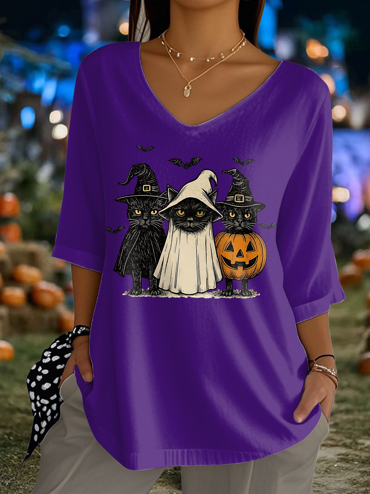 Women's Halloween Black Cat Print Top