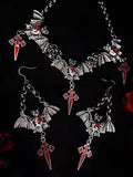 Halloween Gothic Dark Cross Bat Necklace Earring Set