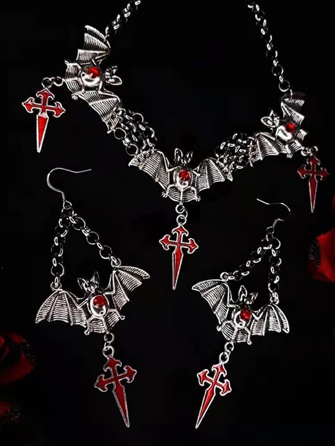 Halloween Gothic Dark Cross Bat Necklace Earring Set