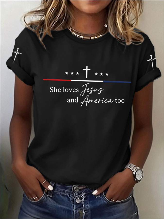 Women'S Loves Jesus and America Too Print Casual Top