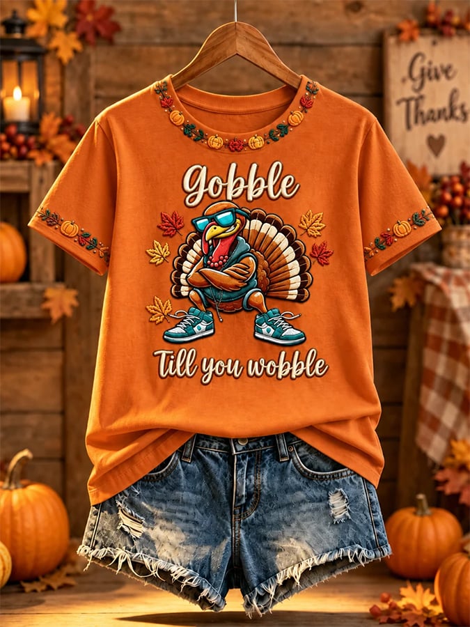 Women'S Thanksgiving-Themed Printed Short-Sleeved T-Shirt