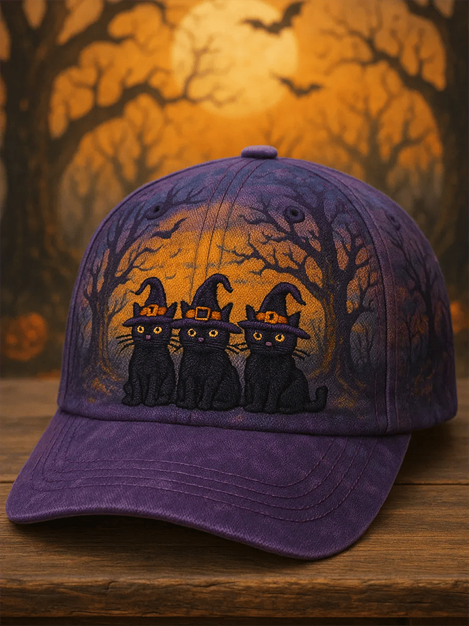 Vintage Halloween Witch Cat Print Hat