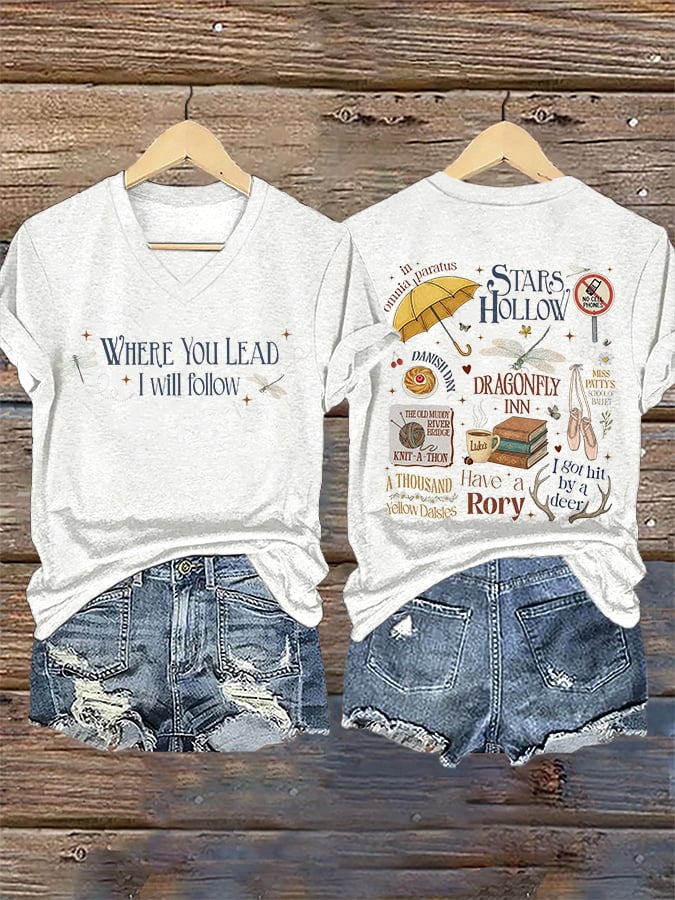 🔥HOT SALE🔥V-Neck Retro Stars Hollow Autumn Luke Diner Coffee Dragonfly Inn Where You Lead, I Will Follow Print T-Shirt