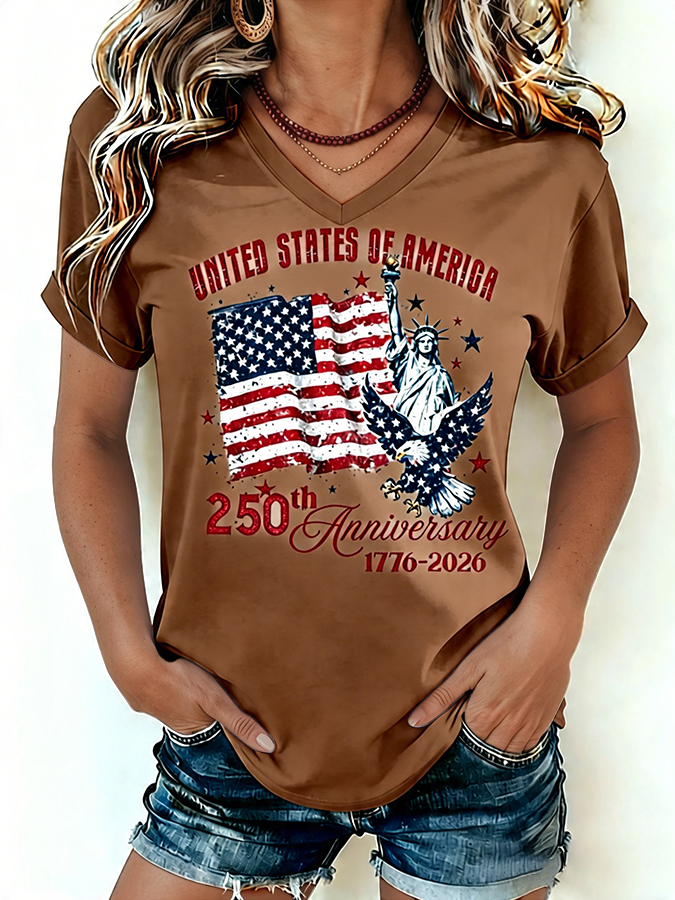 Women's 1776-2026 Statue of Liberty Anniversary Eagle Print V-neck T-shirt