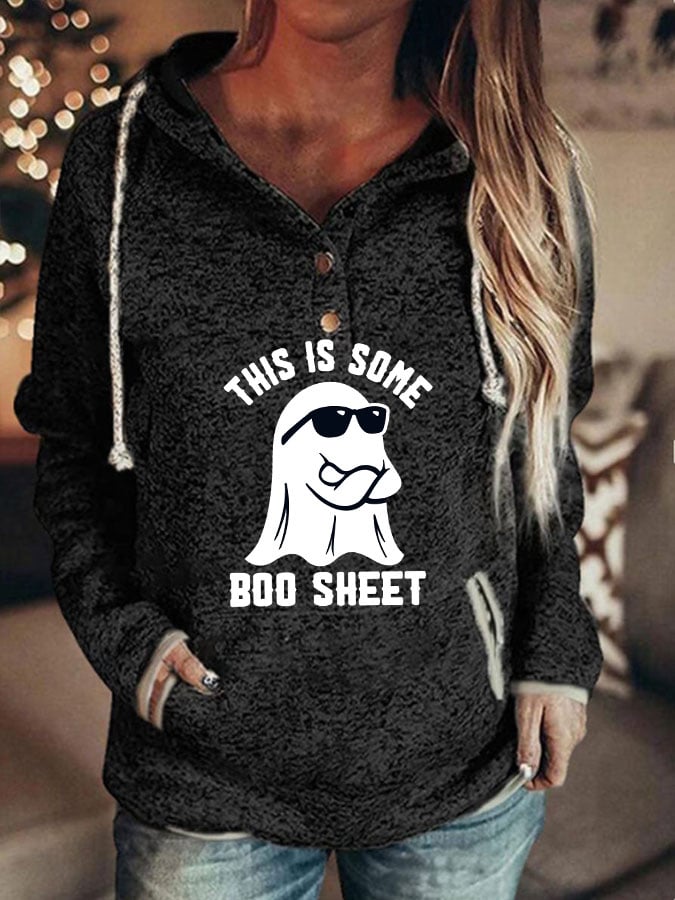 Women's Halloween This Is Some Boo Sheet Printed Casual Pocket Hooded Sweatshirt