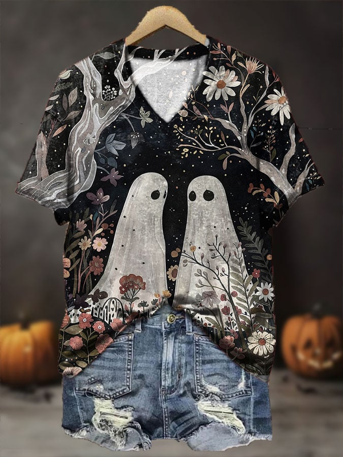 Women's Halloween Floral Spooky Boos Print V-Neck T-Shirt