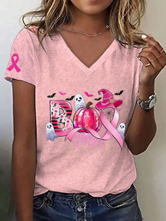 Women's Breast Cancer Awareness Boo Scale Away Breast Cancer Pink Ribbon Pumpkin Ghost Print T-Shirt