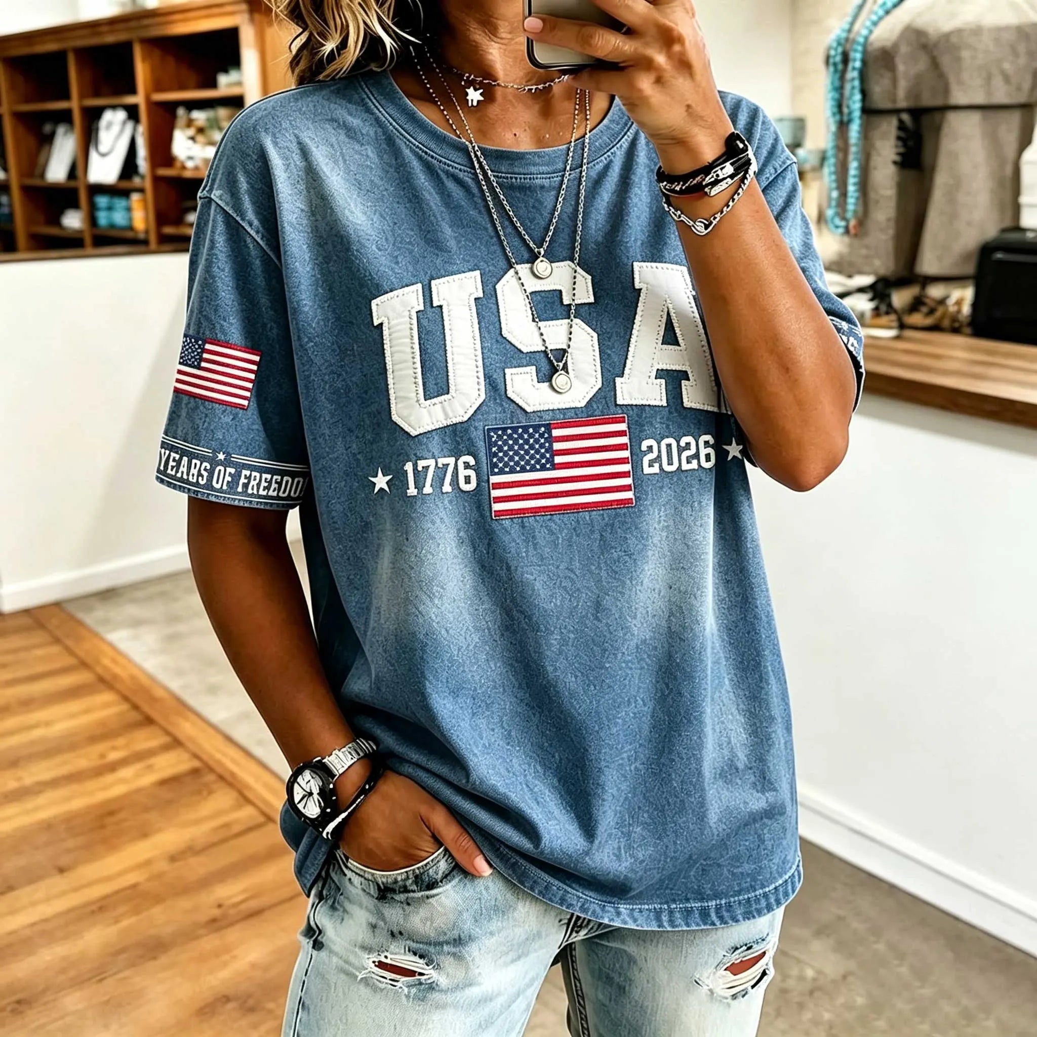 American Commemorative Embroidered Round Neck Top