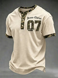 Men's Retro Faith “Jesus Christ 07 Camouflage ” Print Casual Color Block Henley Shirt