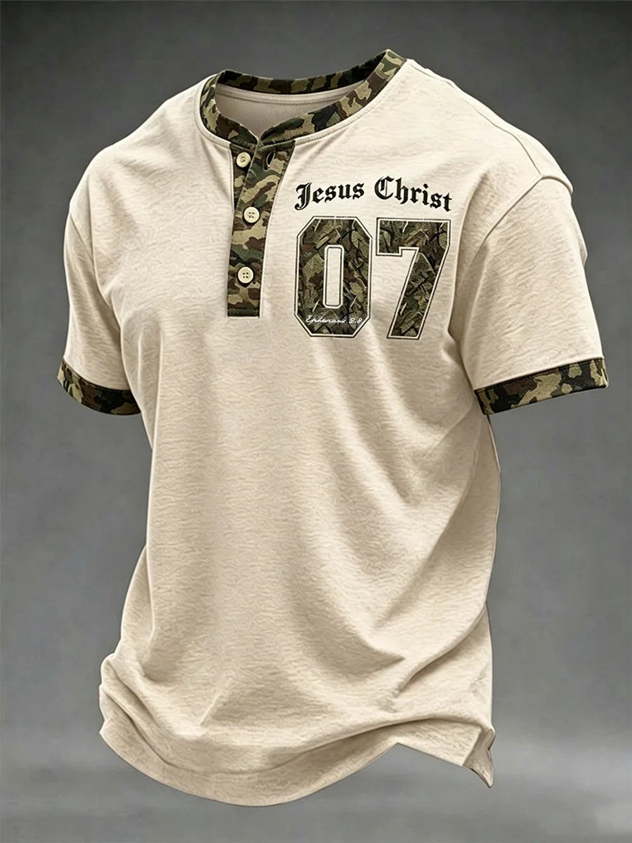 Men's Retro Faith “Jesus Christ 07 Camouflage ” Print Casual Color Block Henley Shirt