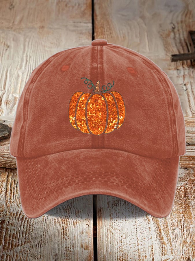 Unisex Washed Sequin Fall Pumpkin Print Hat