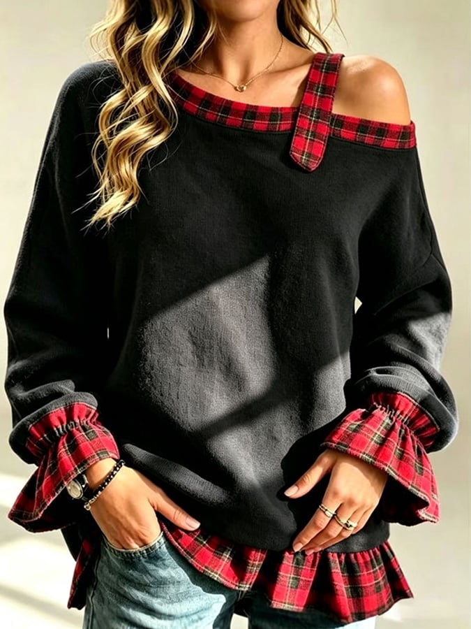 Women'S Asymmetric-Shoulder Plaid Color-Block Sweatshirt