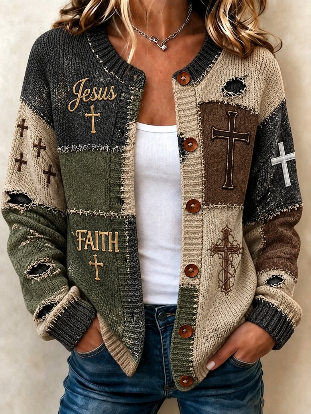 Women's Faith Cross Print Knit Cardigan