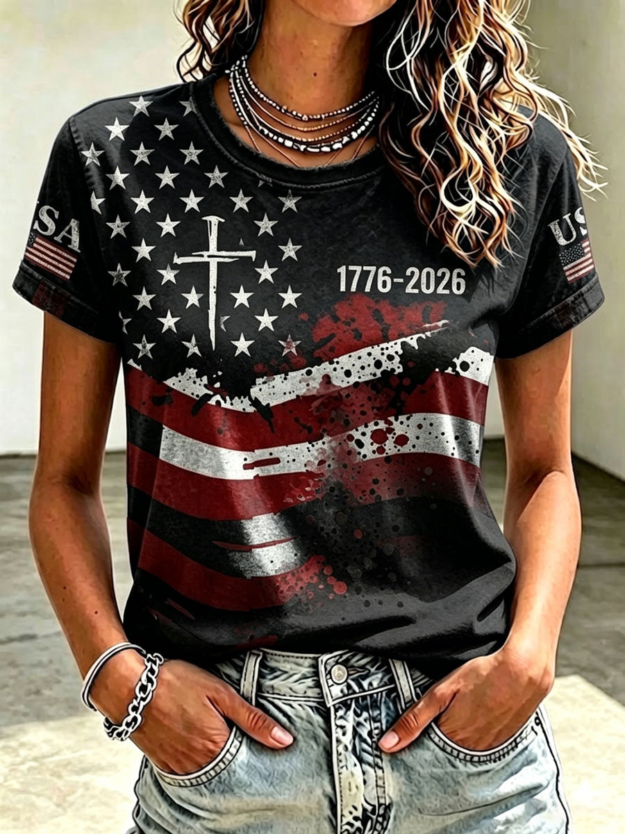Ladies' Casual Round Neck American 250Th Anniversary Cross Print T-Shirt
