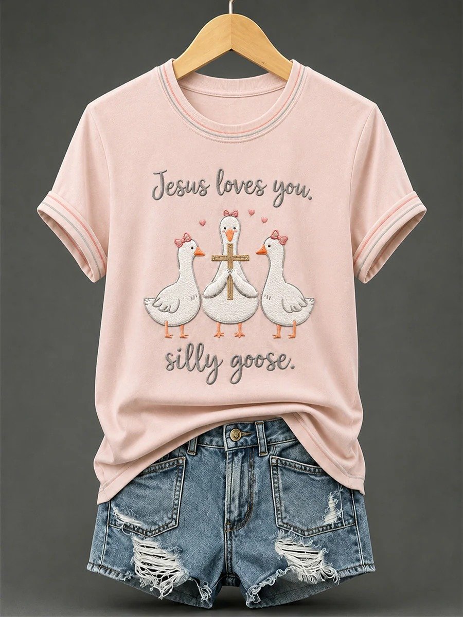 Women's Jesus Loves You Silly Goose Print Casual Tee