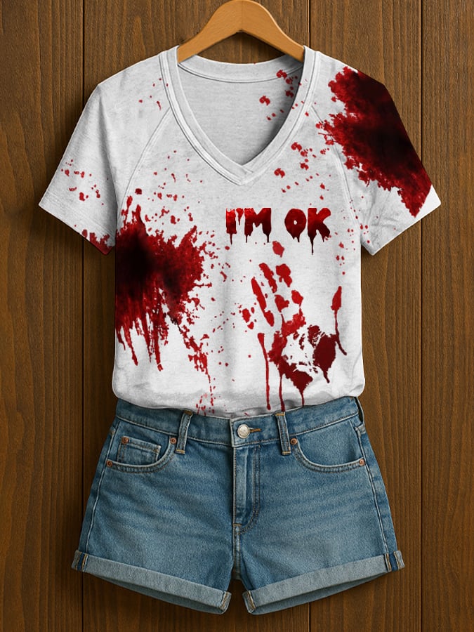 Women's Blood Stains  Print V Neck Casual T-Shirt