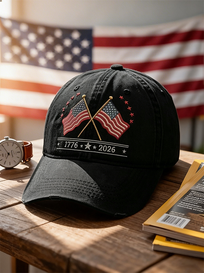 Crossed American Flags 1776-2026 Washed Baseball Cap