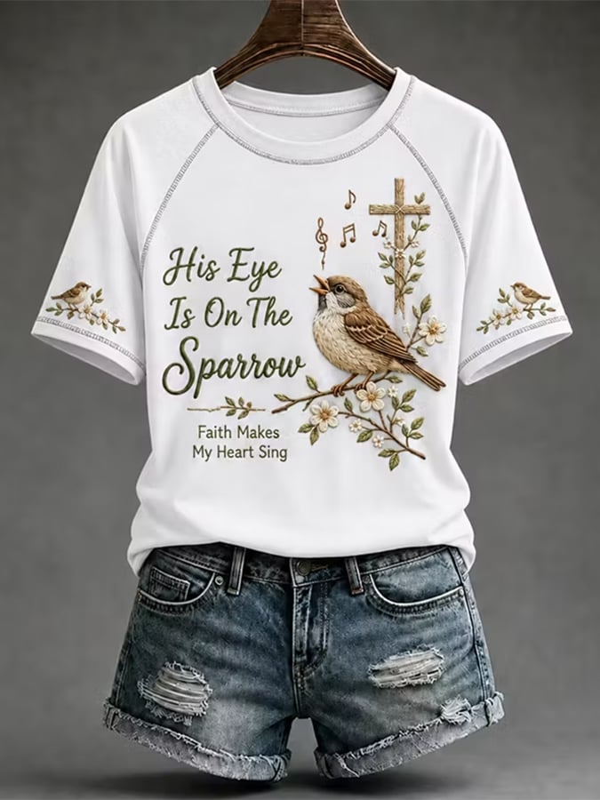 Women's "His Eye Is on the Sparrow" Faith Floral Art Print T-Shirt