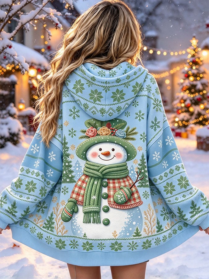 Women's Casual Printed Zipper Hooded Cardigan