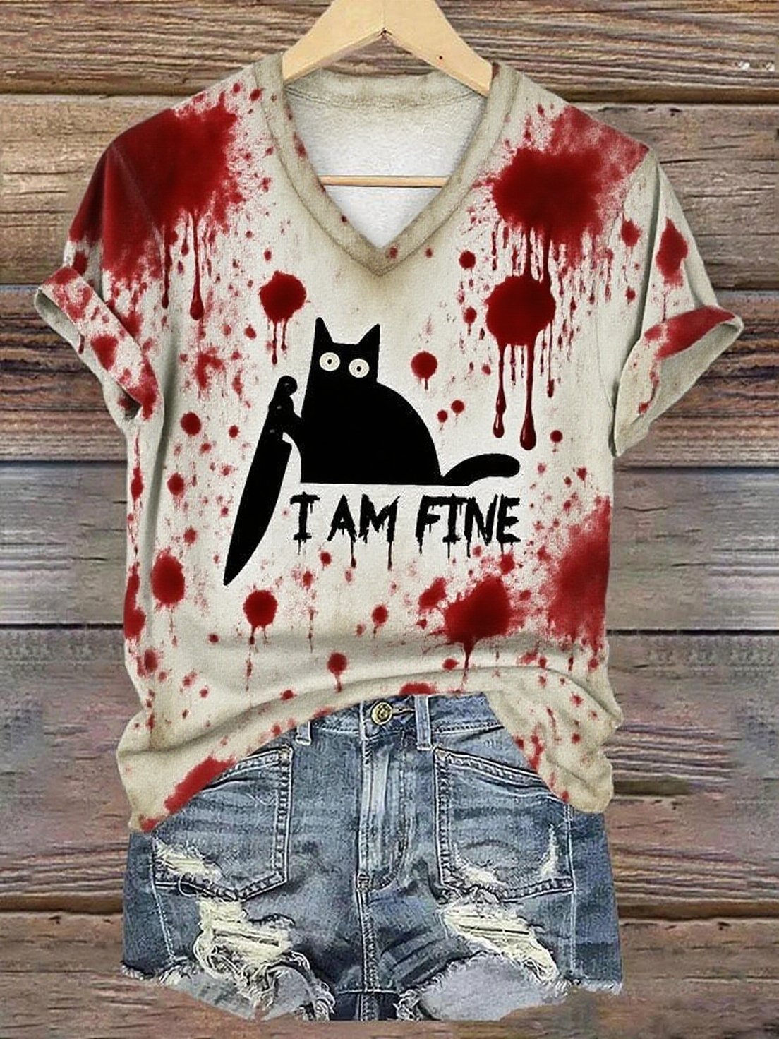 Women's I'm Fine Printed V-Neck Short Sleeve T-Shirt