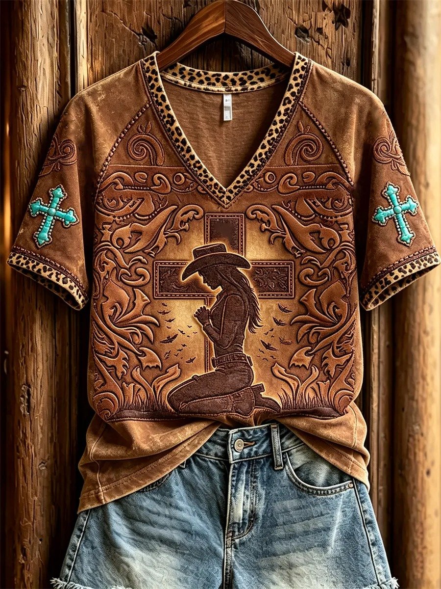 Women's Praying Cowgirl Turquoise Cross Leopard Print short-sleeved T-shirt