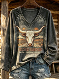 Women's Retro Western Print V-Neck Top