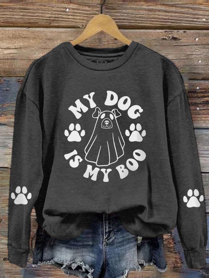 Women's My Dog Is My Boo Halloween Dog Print Crew Neck Sweatshirt