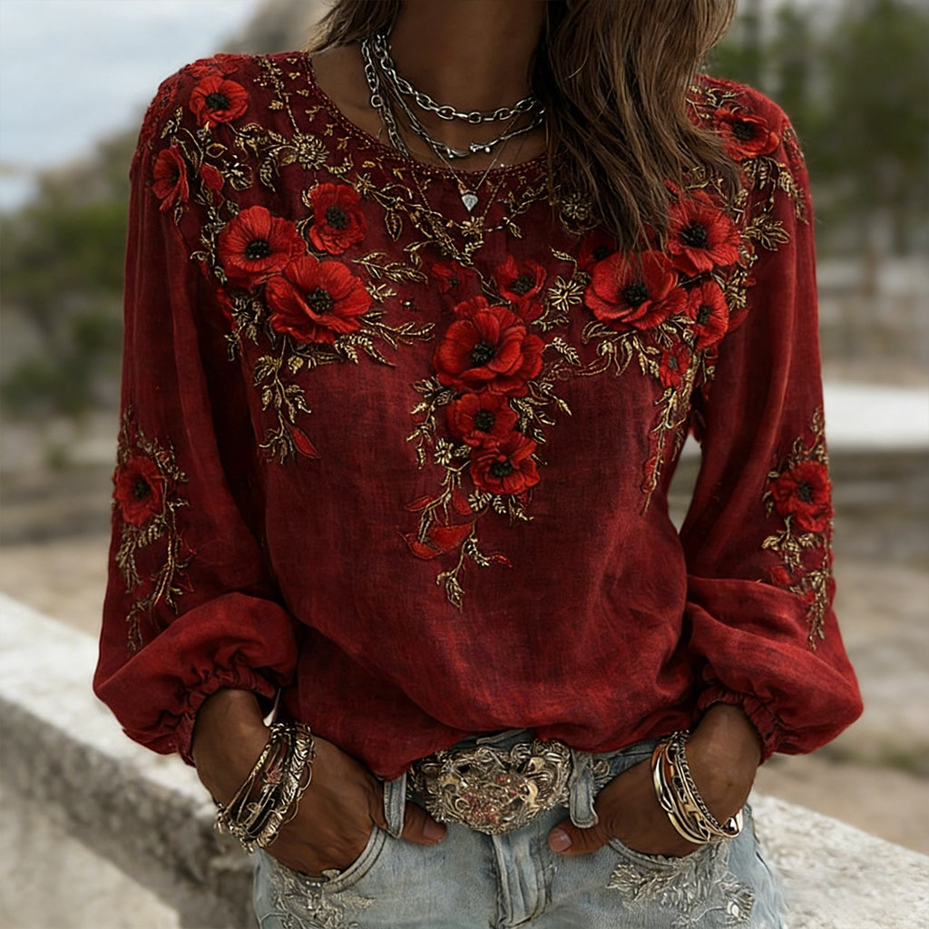 Women’s Red Friday Red Poppies Art Cotton-Linen Shirt