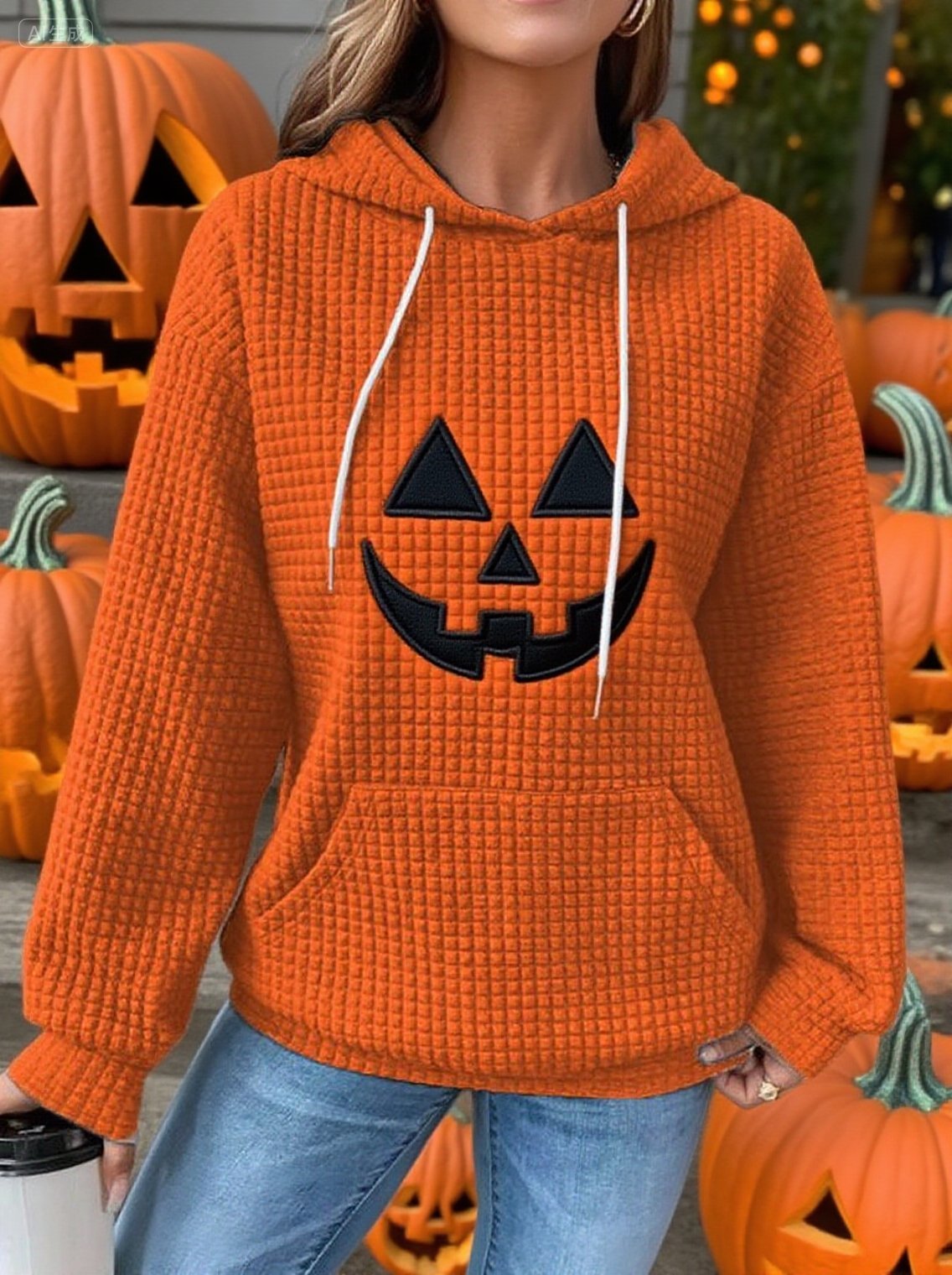 Women's Waffle Halloween Embroidered Pumpkin Head Print Long Sleeve Hoodie