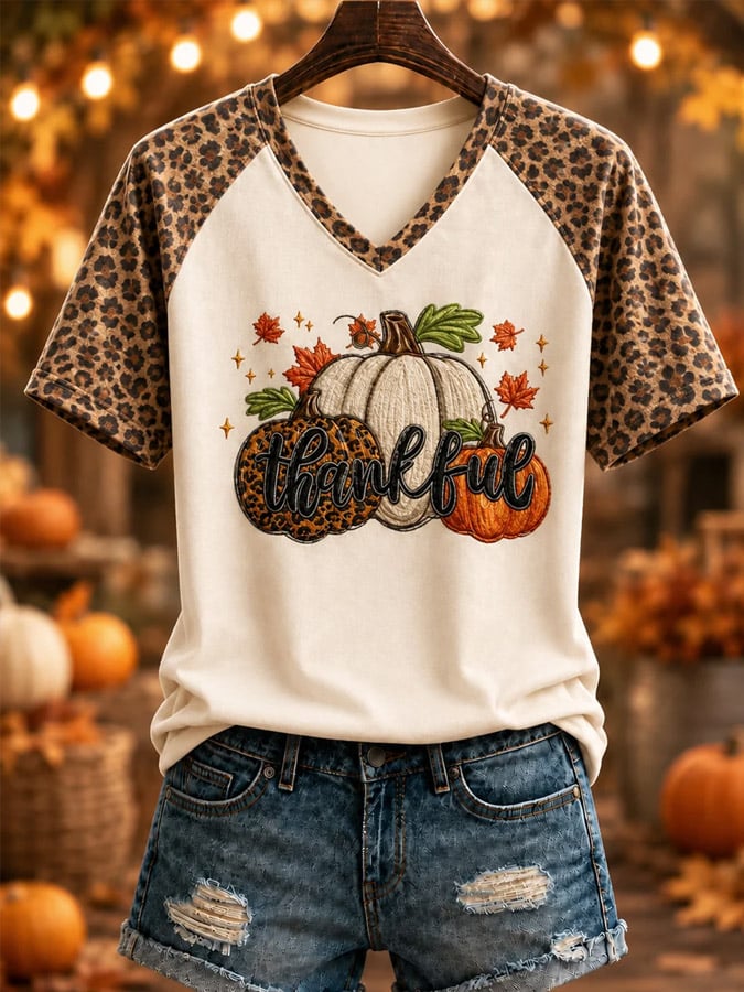 Women's “HAPPY Thanksgiving” Printed V-neck T-shirt
