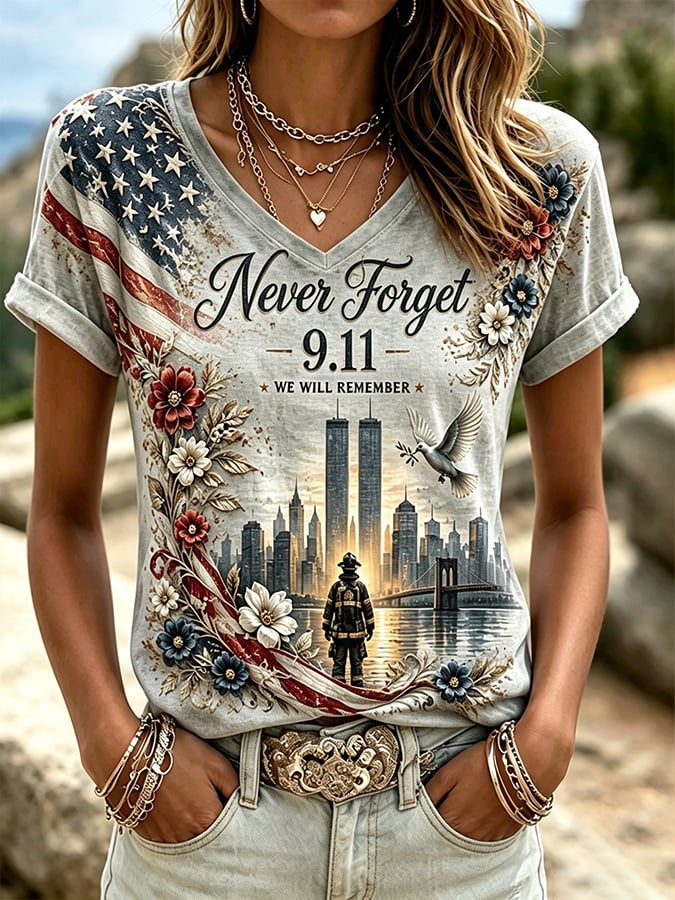 🕯️Women's  Retro  9.11 Never Forget Print T-shirt