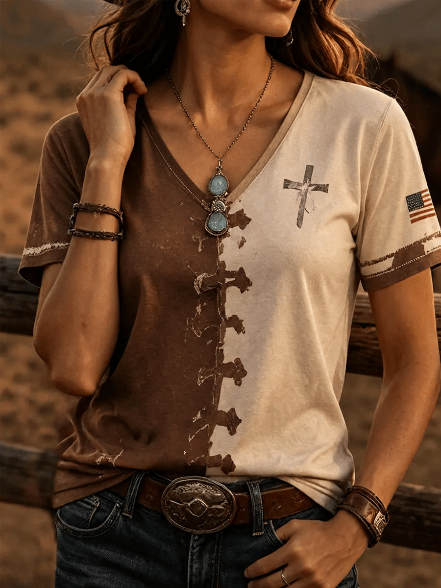 Women's Western Faith Print V-Neck Top