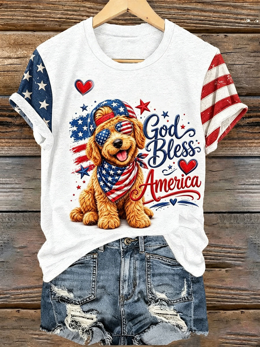 Ladies' 250Th Anniversary American Flag Dog Print V-Neck Short Sleeved T-Shirt