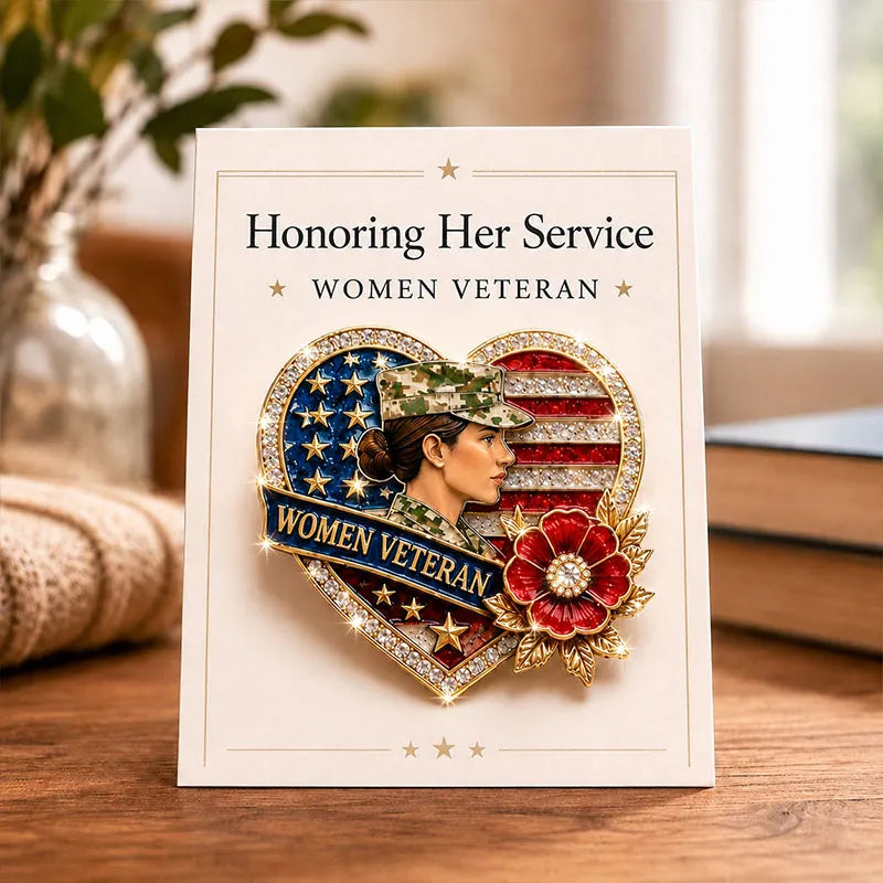 Female Veteran Patriotic Heart Rhinestone Brooch Pin