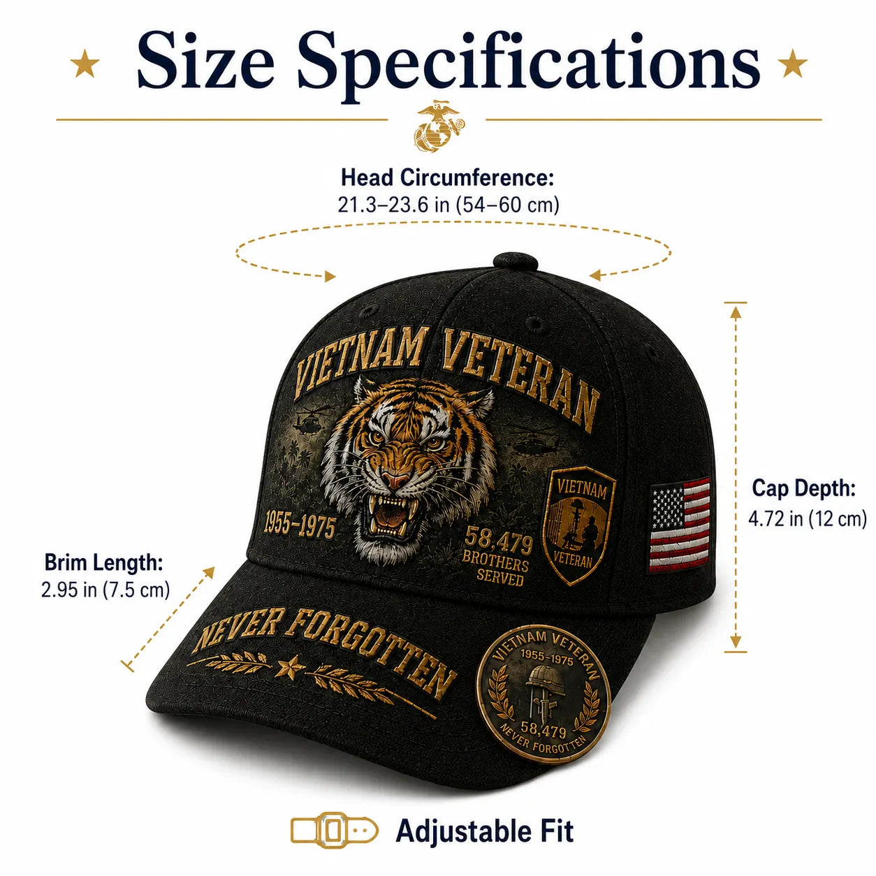 Handmade Vietnam Veteran Tiger Spirit 1955–1975 Commemorative Cap 🇺🇸