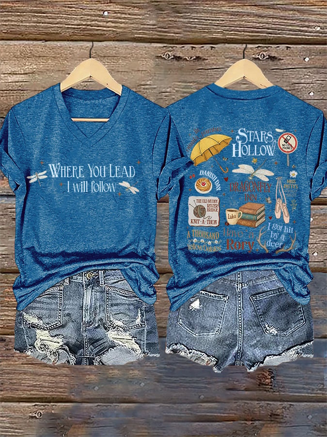 🔥HOT SALE🔥V-Neck Retro Stars Hollow Autumn Luke Diner Coffee Dragonfly Inn Where You Lead, I Will Follow Print T-Shirt
